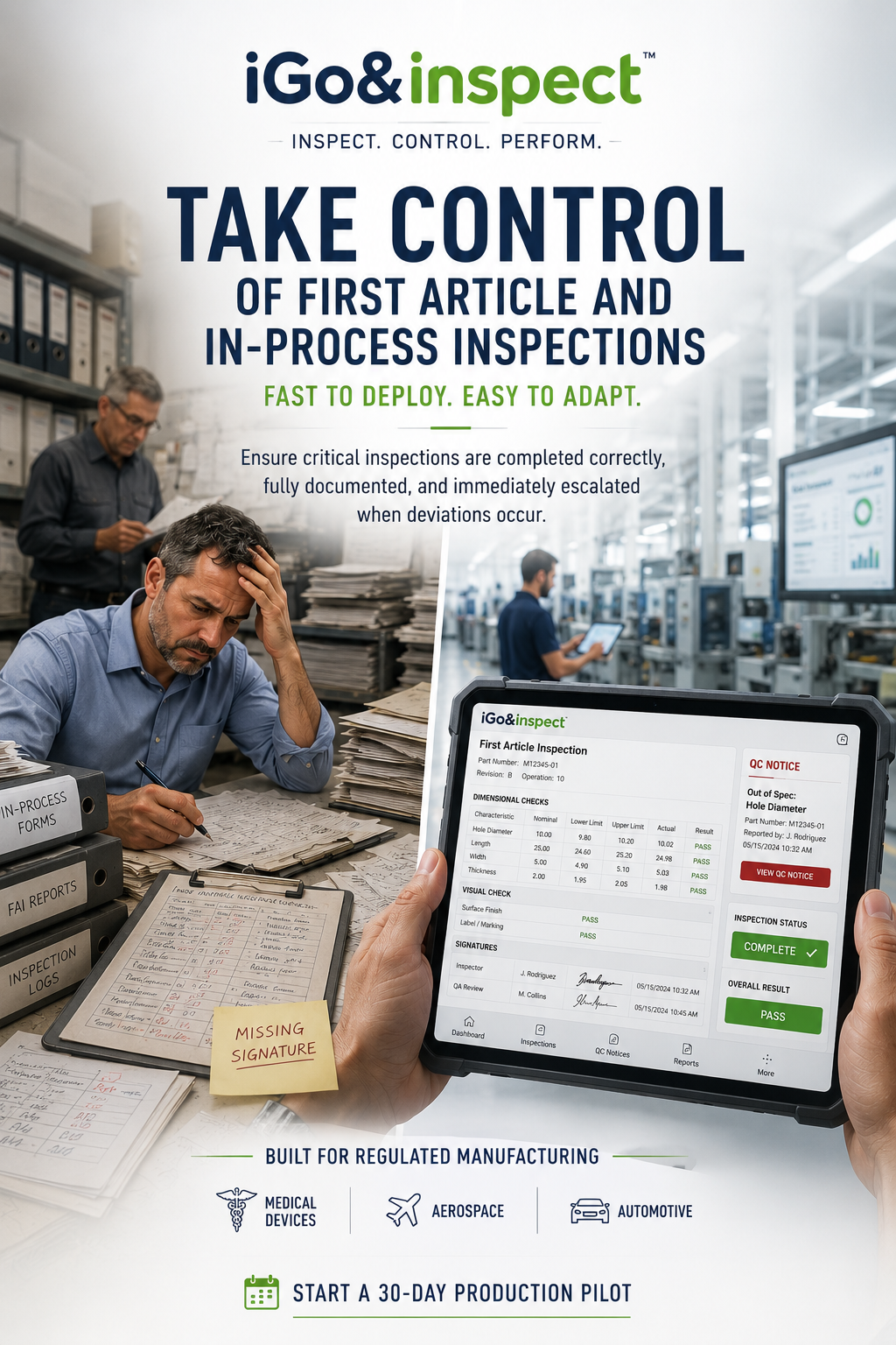 iGo&Inspect brochure cover showing paper-based inspection risk versus digital control