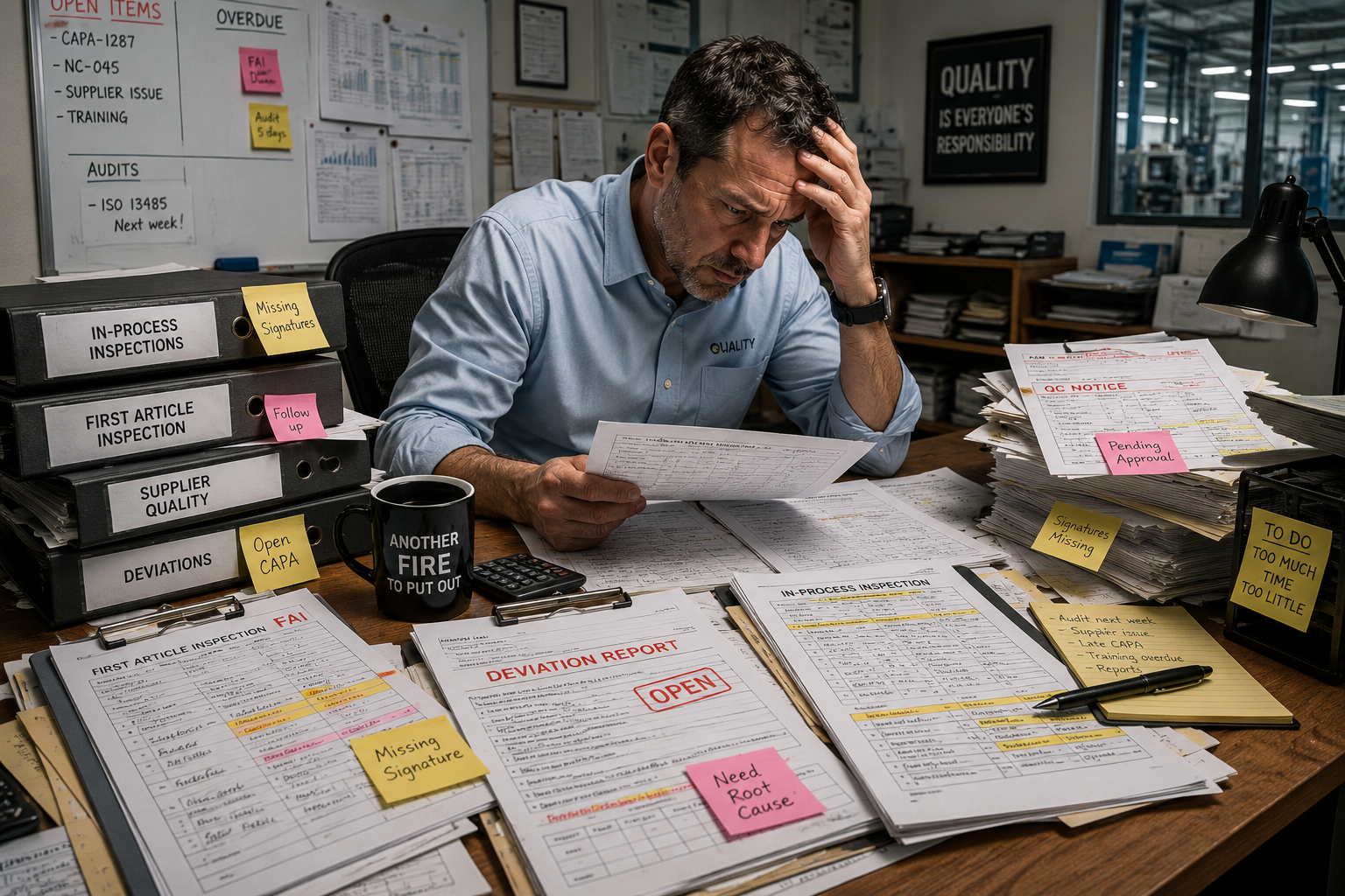 Quality manager dealing with paper-based inspection records and missing signatures